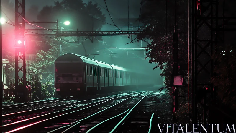 Passenger train on wet tracks under colored night lighting.