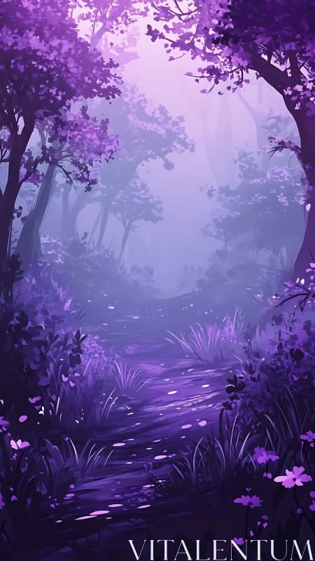 Enchanted Purple Forest with Misty Stream and Glowing Blooms