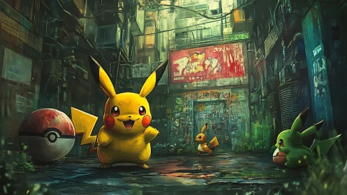 Pikachu patrols neon alleyway in rain-soaked urban ruin.