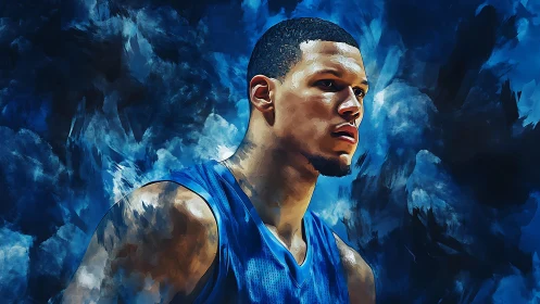 Digital portrait depicts a basketball player against abstract blue
