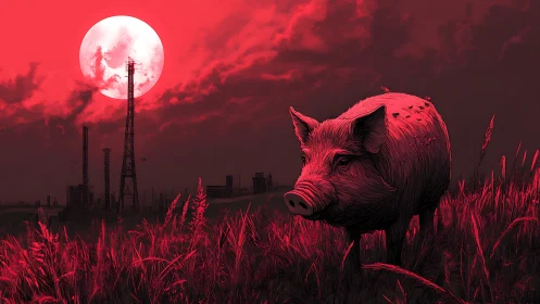 Wild boar stands in red field before industrial skyline