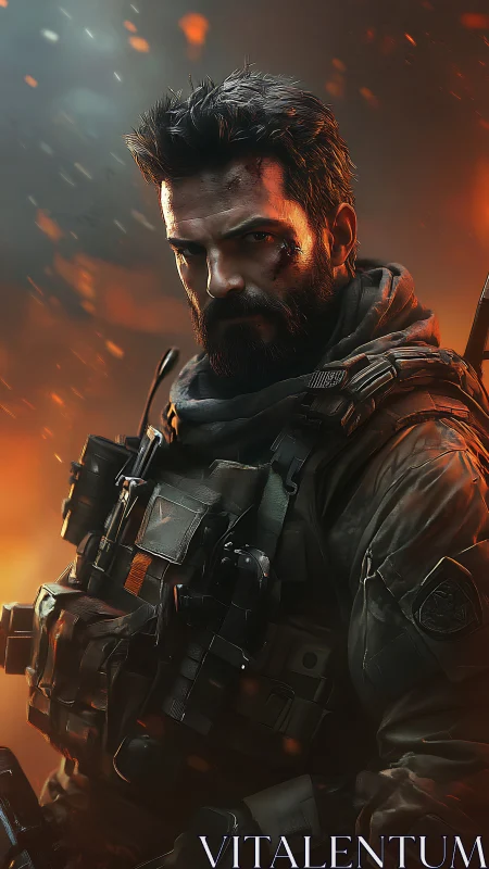 Battle-hardened soldier standing strong in glowing embers.