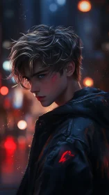 Brooding young man in neon city street at night portrait.
