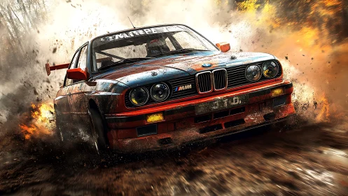 Rally car powers through mud with dramatic flying debris.