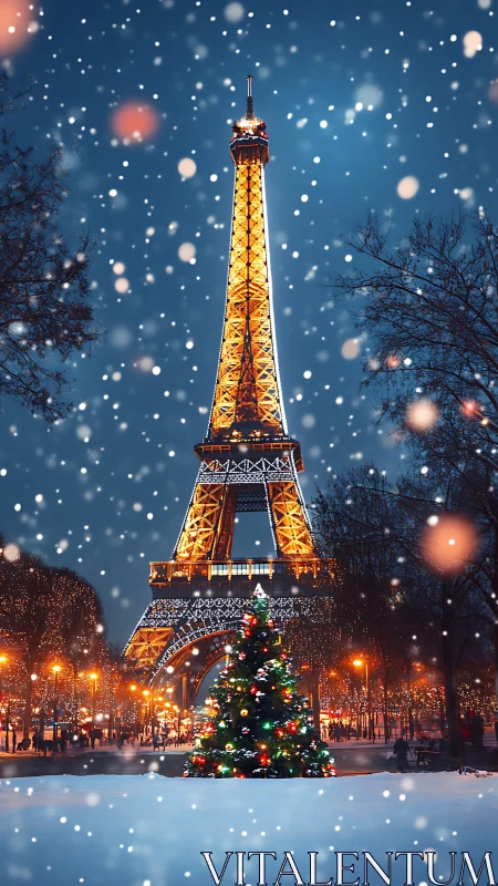 Eiffel Tower at night with snow and decorated tree foreground.