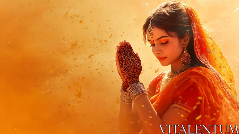 Indian woman in traditional attire praying, vibrant artistic portrait.