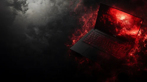 High-contrast gaming laptop emerges from red digital plasma field