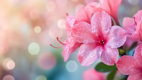 Pink flowers with water droplets on petals and blurred background.