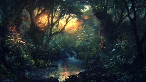 Enchanted Forest Stream at Golden Hour.