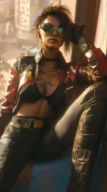 Cyberpunk street mercenary in reflective aviator shades.