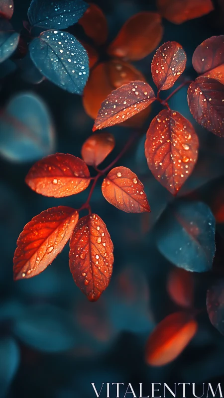 Rain-kissed red leaves glow against deep teal shadows