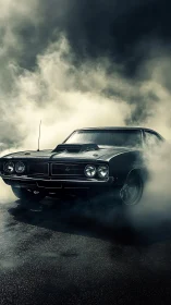 Smoky night drive with a brooding classic muscle car.