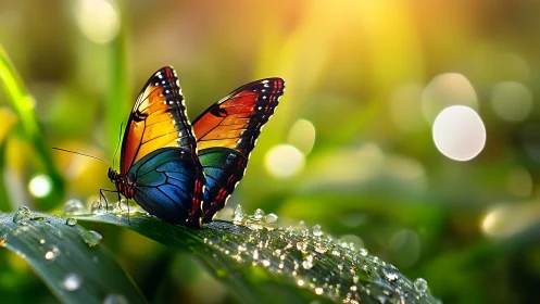 Rainbow-winged butterfly hums morning light across dew