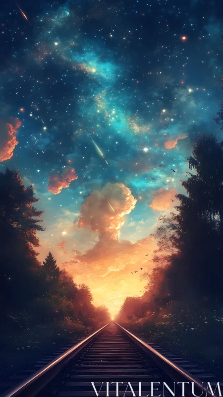 Dreamlike railway horizon under glowing cosmic sky.