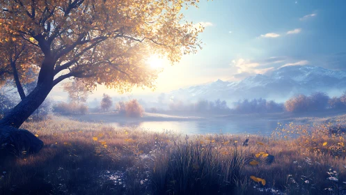 Digital landscape study with autumnal lakeside illumination.