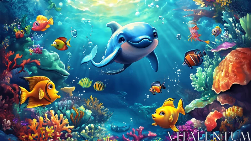 Playful cartoon dolphin leads vibrant coral reef scene