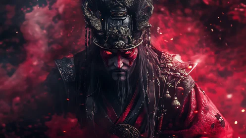 Demonic warlord emerges from crimson smoke with glowing eyes