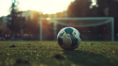 Low-angle soccer ball close-up on pitch with shallow depth-of-field