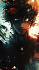 Bioluminescent-eyed antihero emerges from abstract inferno field