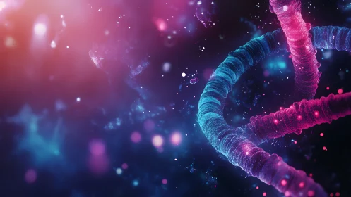 Cosmic DNA spirals glowing in a dreamy neon galaxy.