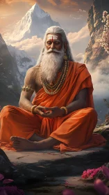 Mountain sage in orange robes in luminous meditative stillness.