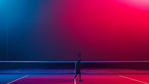 Neon tennis court with lone player under bold gradient light.