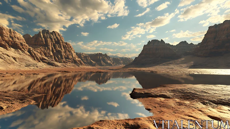 Golden desert canyon mirrored in a tranquil still lake.