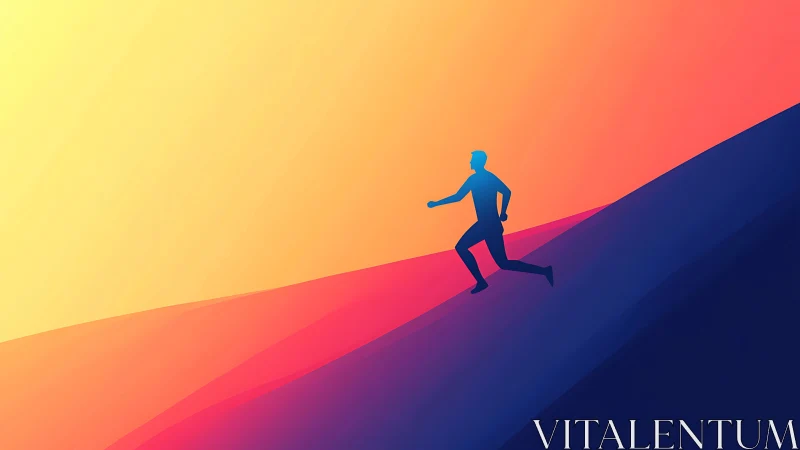 Silhouette of a person runs upward on a sloped gradient landscape