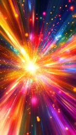 Cosmic color burst racing outward from a radiant digital star.