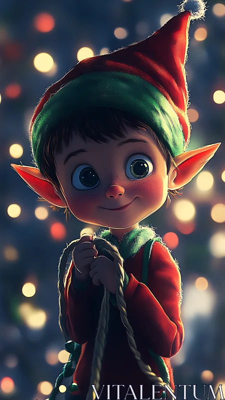 Digital render shows stylized elf figure holding rope lights