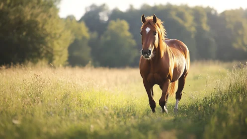 Sunlit chestnut horse walking through shallow depth-of-field meadow