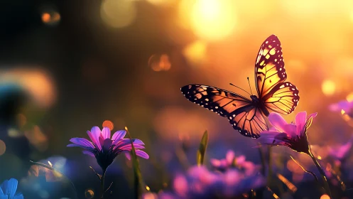 Butterfly rests on flower against strong backlit sunset field