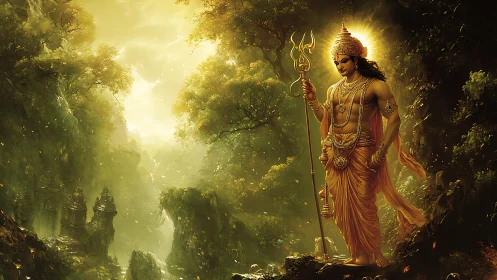 Divine warrior stands radiant above a misty forest valley