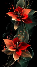 Luminous red floral abstraction with ethereal translucent leaves.