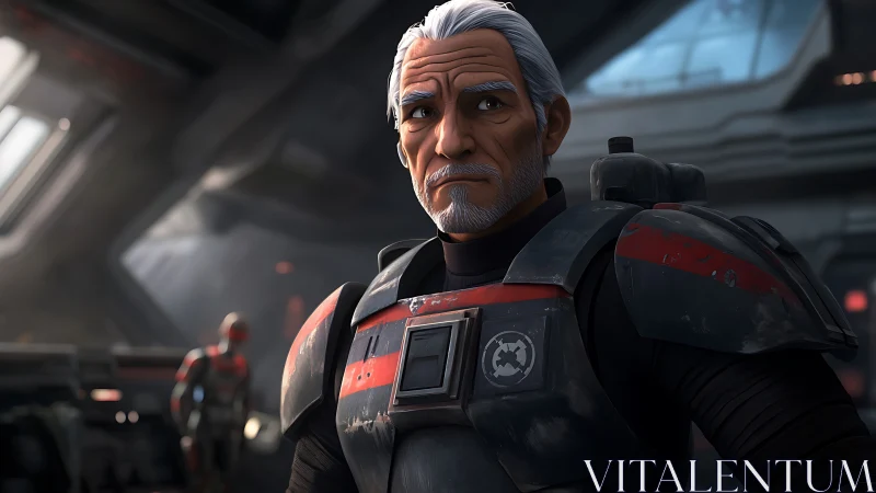 Weathered space commando in scarred imperial armor stance.