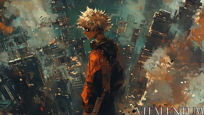 Solitary anime figure over abstract collapsing cityscape.