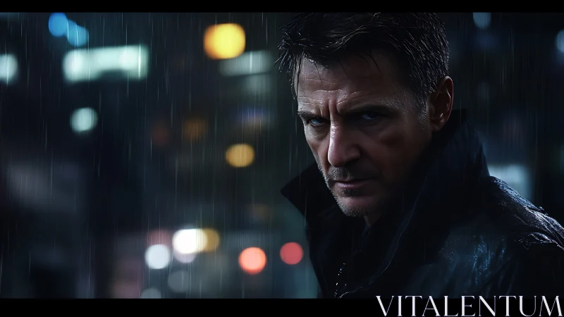 Brooding male figure in rain-soaked neon city at night