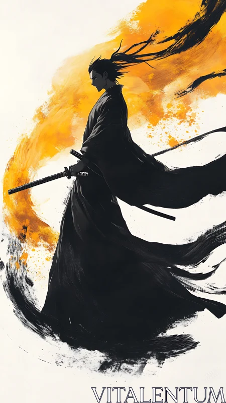 Digital ink samurai silhouette with dynamic brushstroke flare.