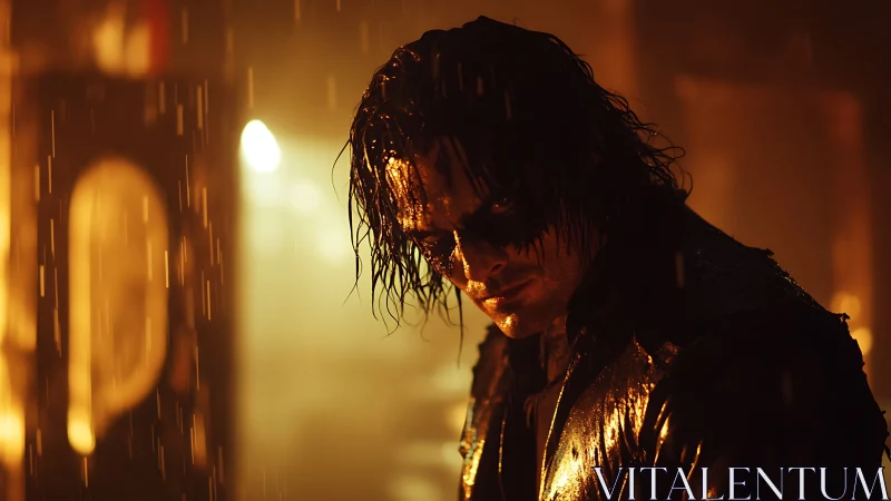 Wet man in dark makeup stands in harsh cinematic rain lighting