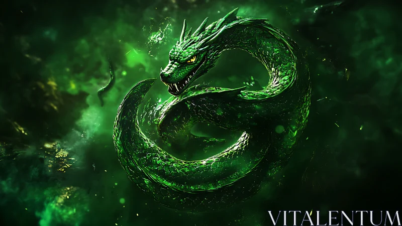 Emerald serpentine dragon coils in luminous cosmic vortex