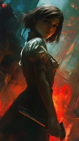 Knife-wielding woman in burning urban alleyway scene.