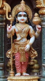 Golden Hindu child deity statue stands in ornate shrine