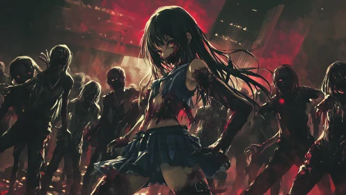 Bloodlit schoolgirl queen leading a furious undead storm.