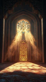 Sunlit stained glass window in ornate arched interior.