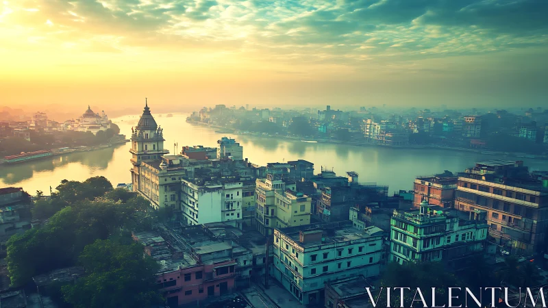 Riverfront cityscape under hazy golden sunrise light.