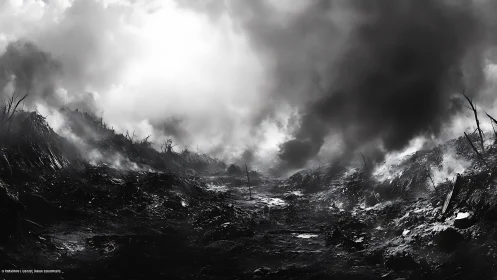 Desolate war-torn landscape under heavy smoke clouds.