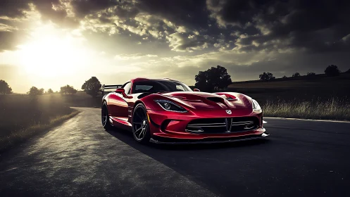 Red performance coupe is parked on a rural roadway