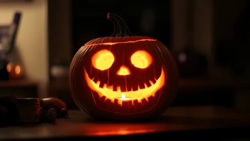 Carved jack-o-lantern glows with candlelit interior on wooden table