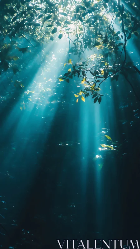 Sunbeams piercing dense forest canopy in blue haze.