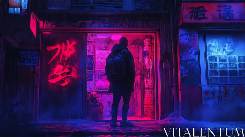 Lone figure in neon alleyway under magenta blue cyberpunk glow.